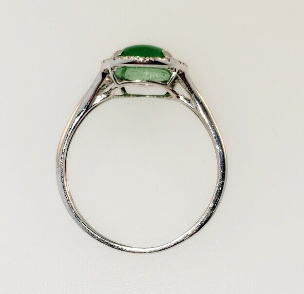 Estate Vintage Green Jade Jadeite Cabochon Diamond Halo Ring 14K White Gold