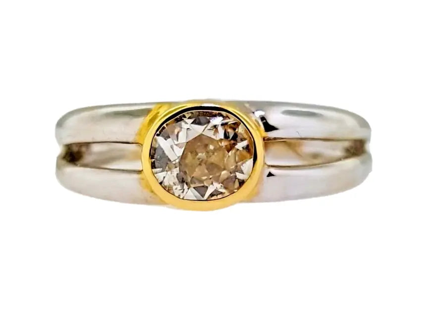 .88ct Cushion Old Mine Champagne Diamond 18k Two Tone Gold Ring Size 7 Bezel Set