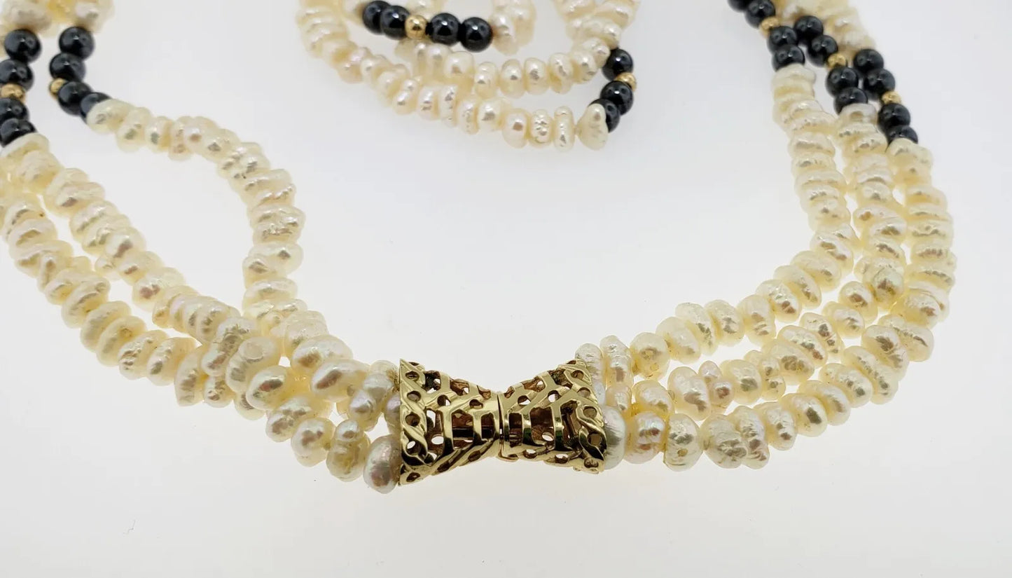 VTG 14k Gold Triple Strand Ball Hematite Baroque Pearl Station 19.75" Necklace