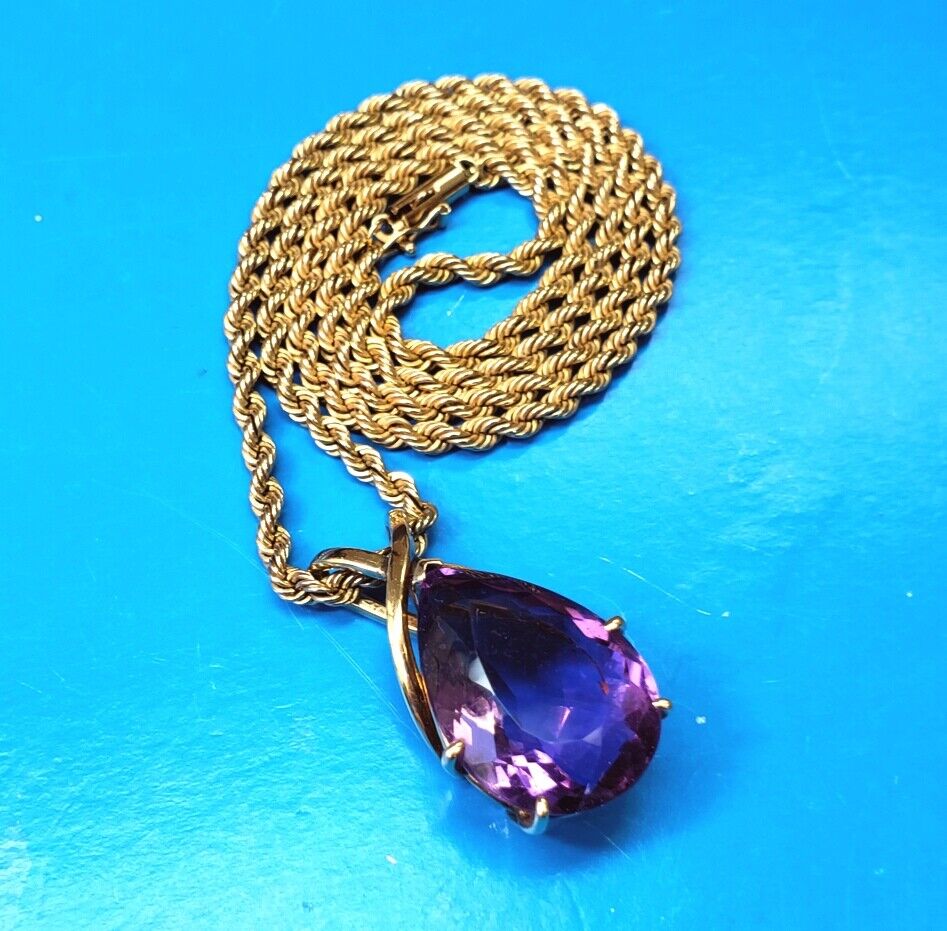 14K Gold Pear Shape 24x16mm 20ct Amethyst Pendant Necklace 20" Rope Chain 25.7g