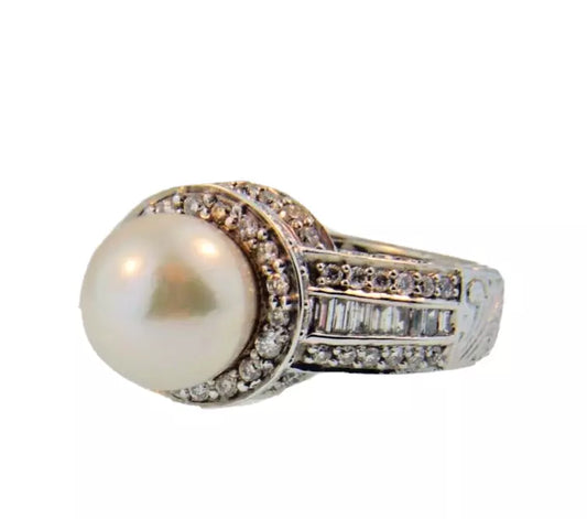 Estate Diamond Halo and Fine Huge 9.0 mm Pearl Ring 14k White Gold 1.25 ctw