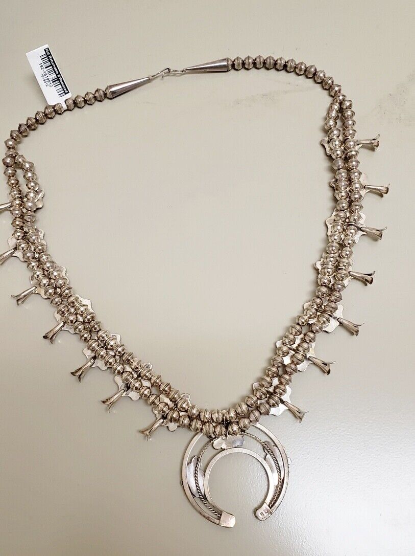 NAVAJO Sterling Silver SPINY OYSTER & TURQUOISE Squash Blossom 24" NECKLACE 113g