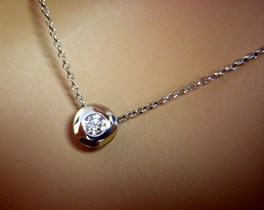Round Brilliant Cut Diamond Solitaire Pendant Necklace 14K Gold Bezel Set .18ct
