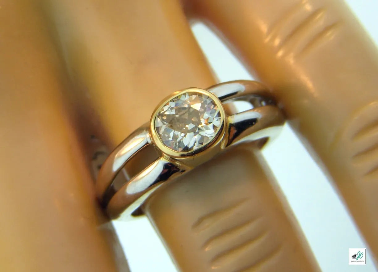 .88ct Cushion Old Mine Champagne Diamond 18k Two Tone Gold Ring Size 7 Bezel Set