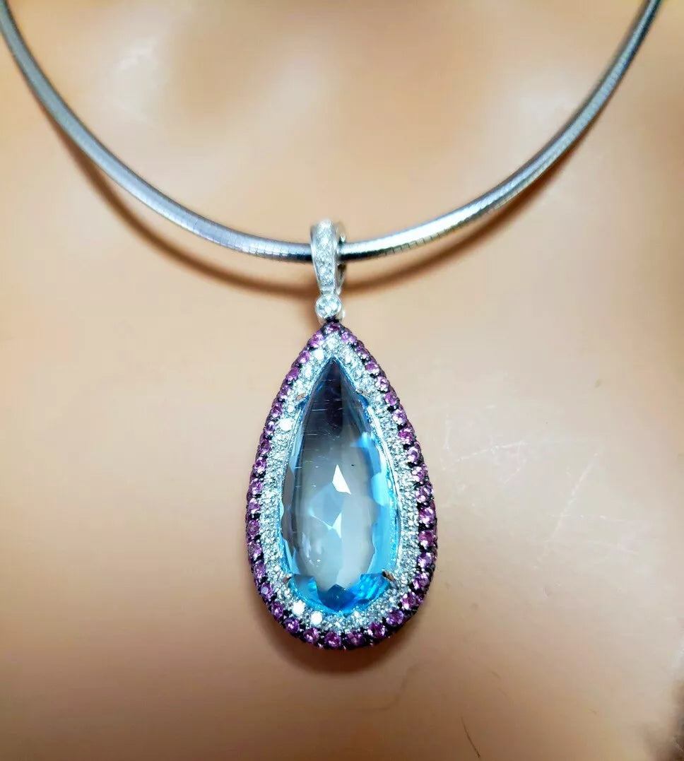 LUXURIOUS-BLUE TOPAZ-PINK-SAPPHIRE-DIAMOND-PENDANT-NECKLACE-18k W/G-10k OMEGA