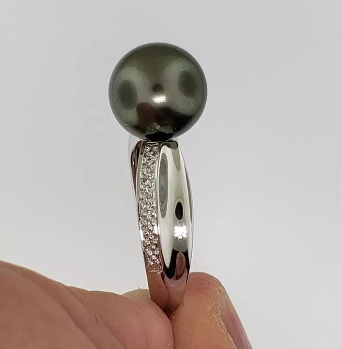 10 mm Tahitian black pearl ring, diamonds, solid 14k white gold Size 7