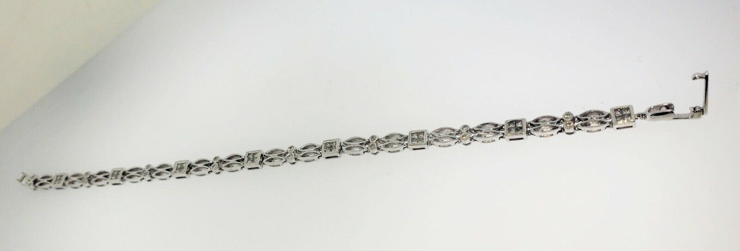 Vintage 18kt white Gold invisible square Diamond Filigree Tennis Bracelet 7"