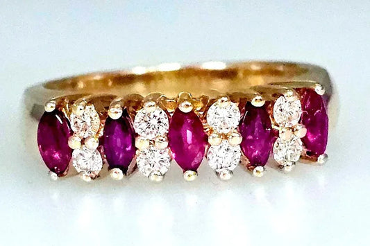 ESTATE DIAMONDS, MARQUISE RED RUBY, 14K YELLOW GOLD WEDDING ANNIVERSARY RING BAND