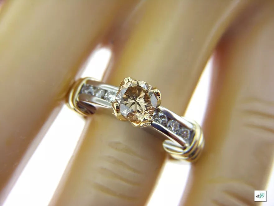 Natural Fancy Champagne Brown Diamond Engagement ring 14K white & yellow 3/4 CTW