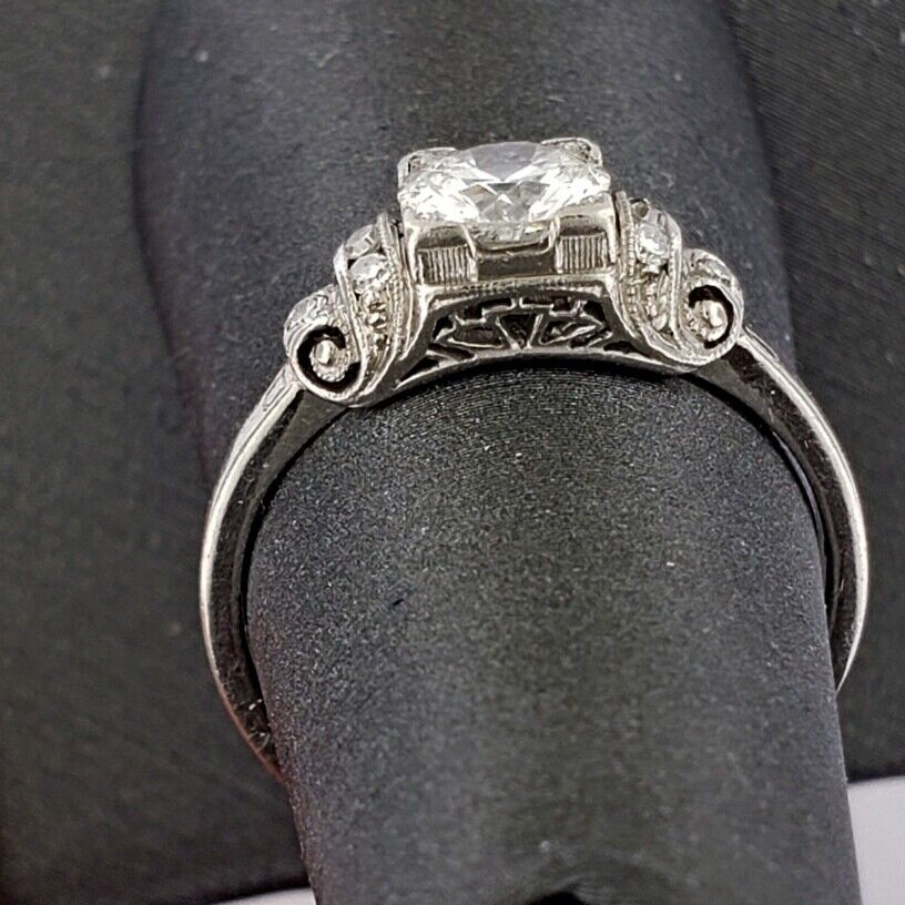 Vintage Antique Art Deco VS .70ct Center European Cut Diamond Platinum Ring Sz 6