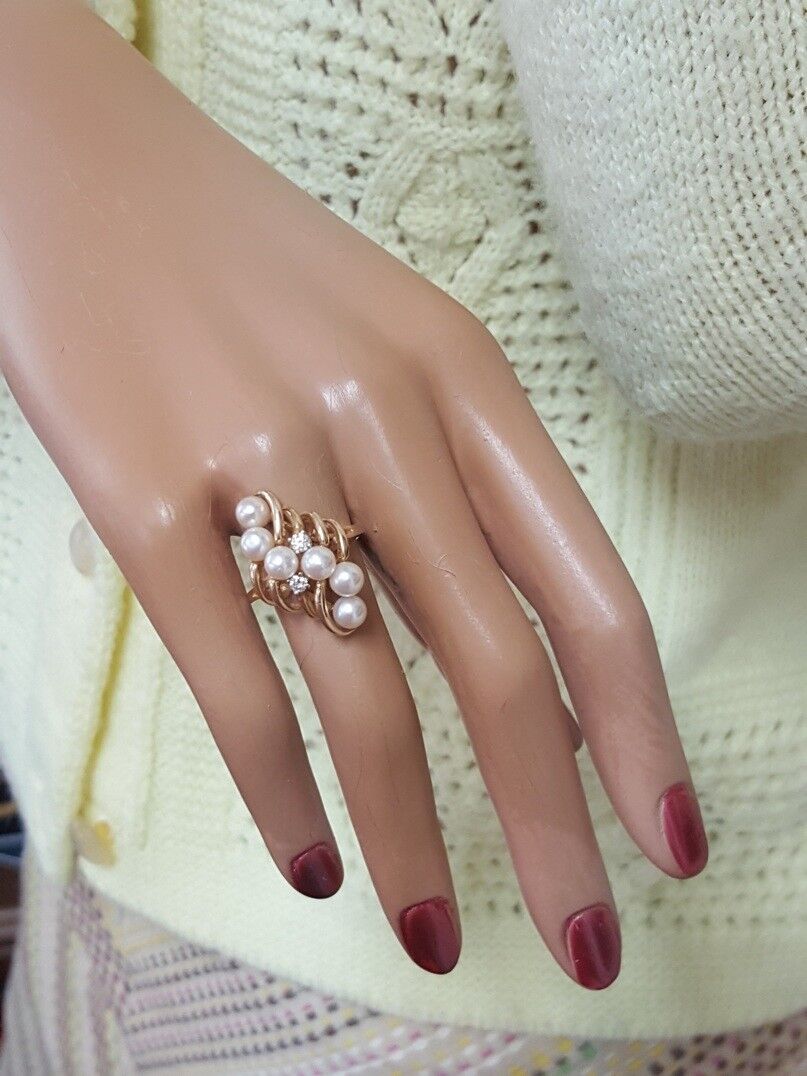 Have one to sell? Sell now 14K Yellow Gold 4.5-5 mm 6 Pearl Cluster and 2 Diamond Ring Size 5.5