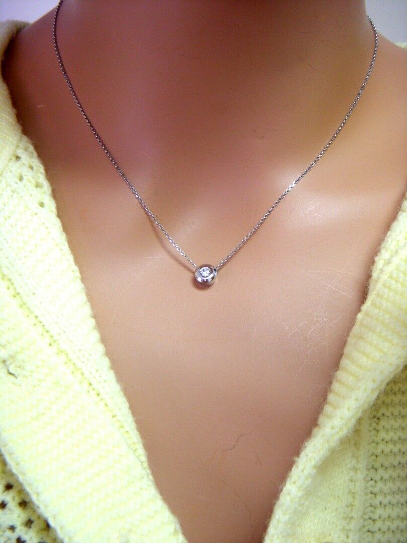 Round Brilliant Cut Diamond Solitaire Pendant Necklace 14K Gold Bezel Set .18ct