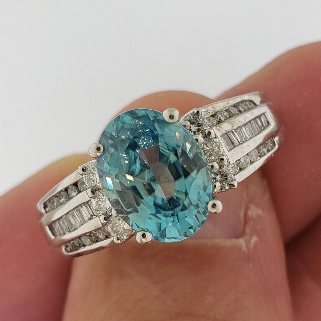 Natural Oval Blue Zircon Round & Baguette Diamond Ring 14k White Gold 3.50Ctw