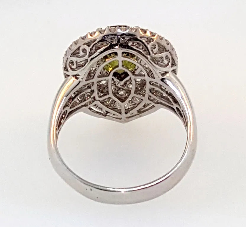 4k W Gold ~6.50 ctw Pear Shaped Demantoid Garnet Round & Baguette Diamond Ring
