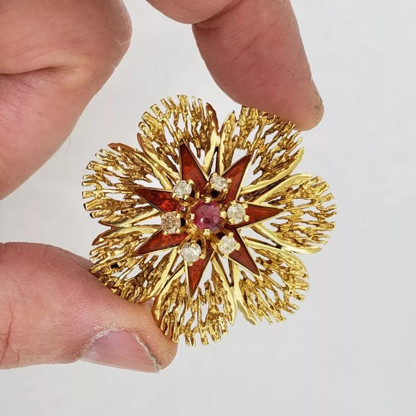 Vtg 14k Yellow Gold Diamond, Ruby Cab & Orange Enamel Flower Brooch Pin Israel