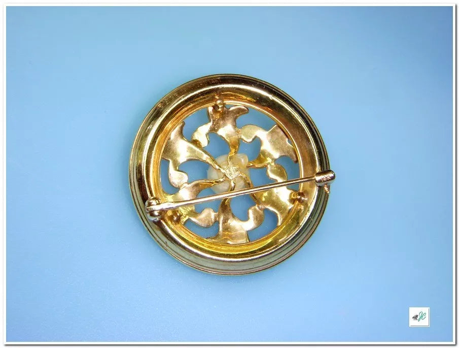 Lucien Piccard Vintage Fleur De Lis Swiss 14K Yellow Gold PEARL AMETHYST Brooch Pin