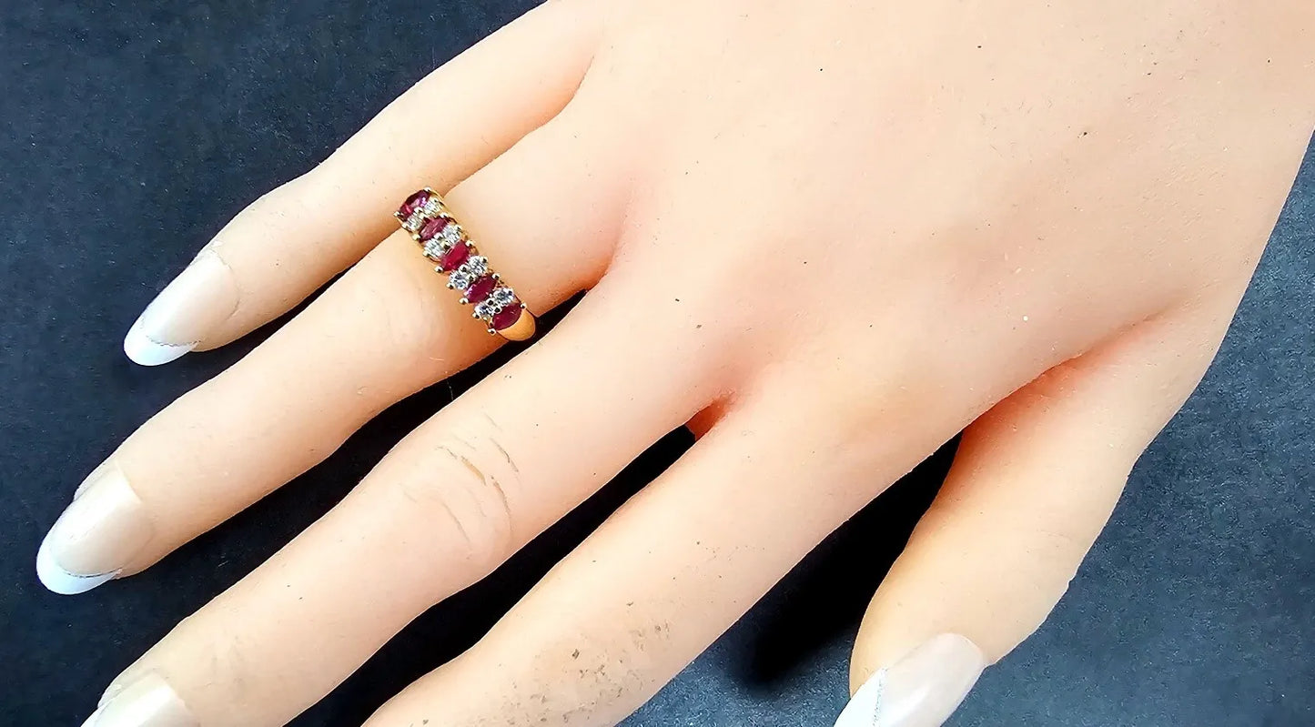 ESTATE DIAMONDS, MARQUISE RED RUBY, 14K YELLOW GOLD WEDDING ANNIVERSARY RING BAND