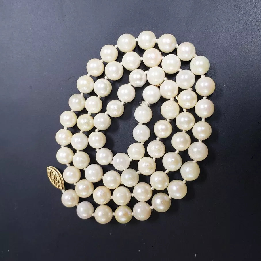 VINTAGE CULTURED 7 mm PEARL NECKLACE W/ 14K SOLID YELLOW GOLD CLASP