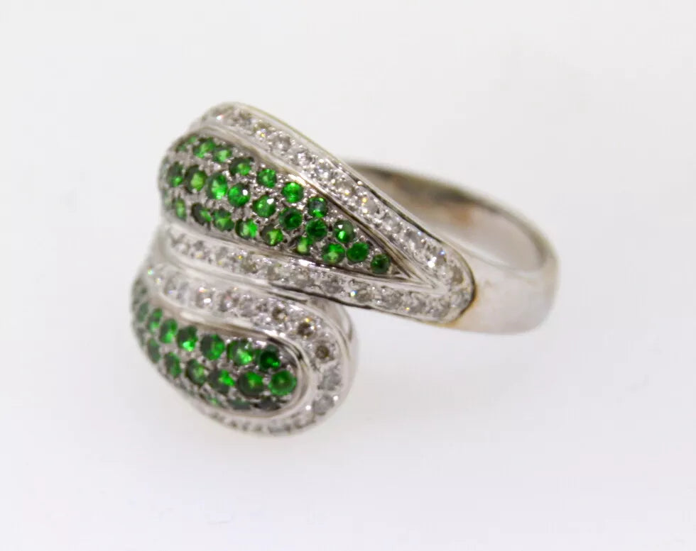 14 KT W GOLD GREEN TSAVORITE GARNETS & DIAMONDS YIN YANG BYPASS RING