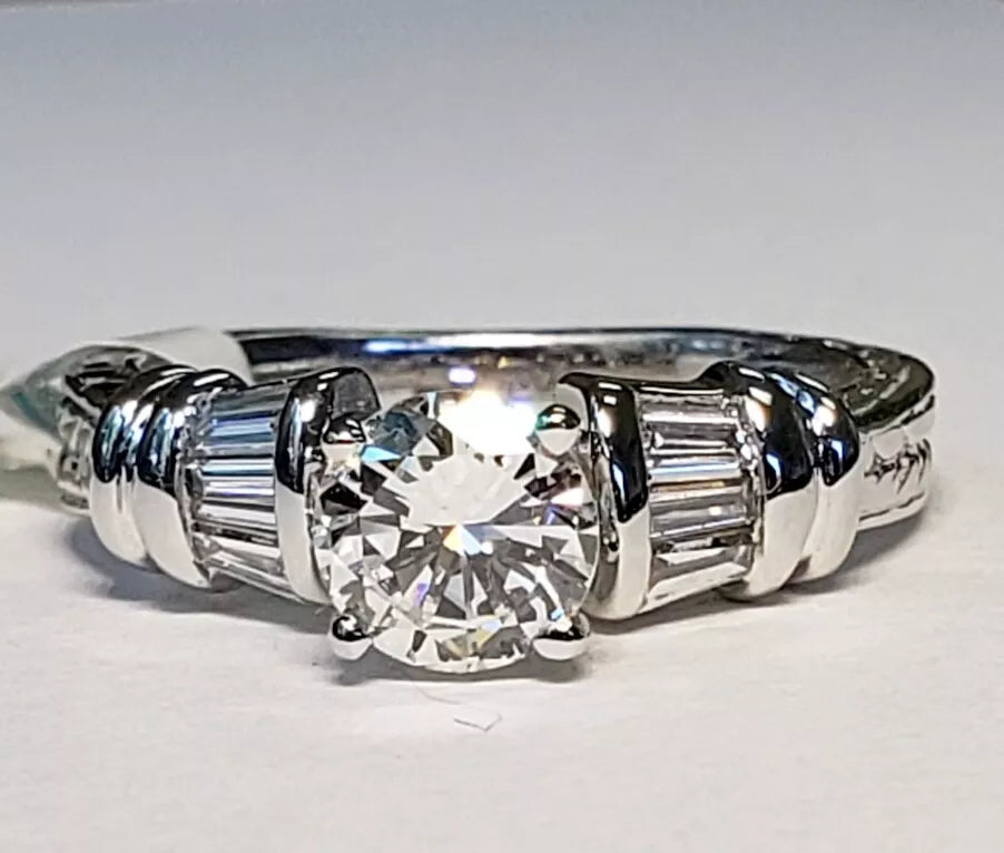 Vintage .70ct Round Brilliant Cut Diamond Baguette Engagement Ring 1ctw 14k WG