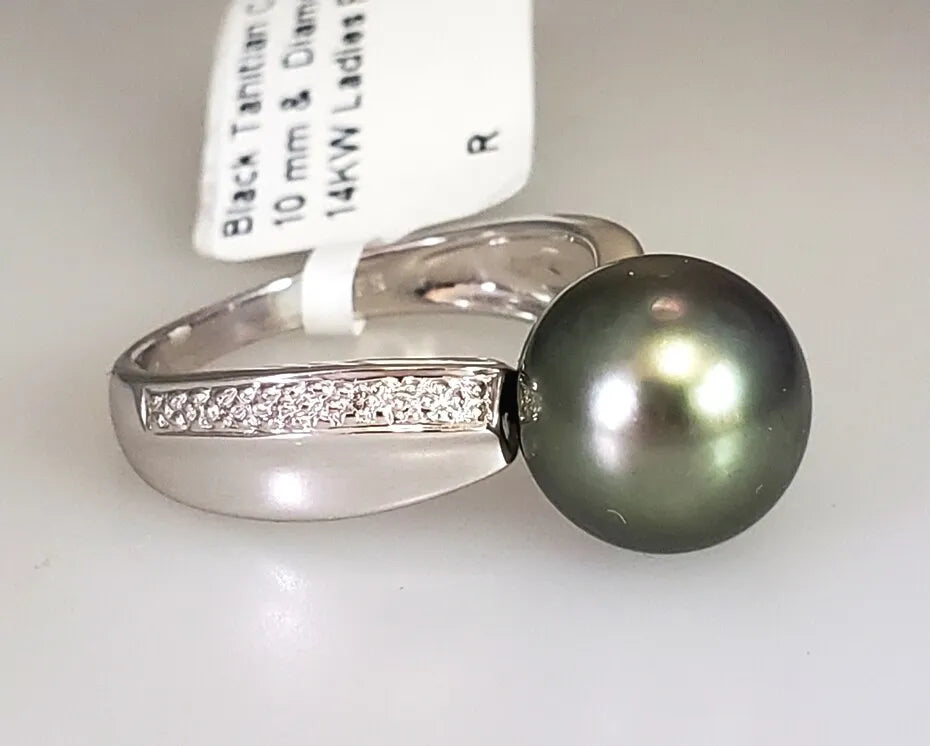 10 mm Tahitian black pearl ring, diamonds, solid 14k white gold Size 7
