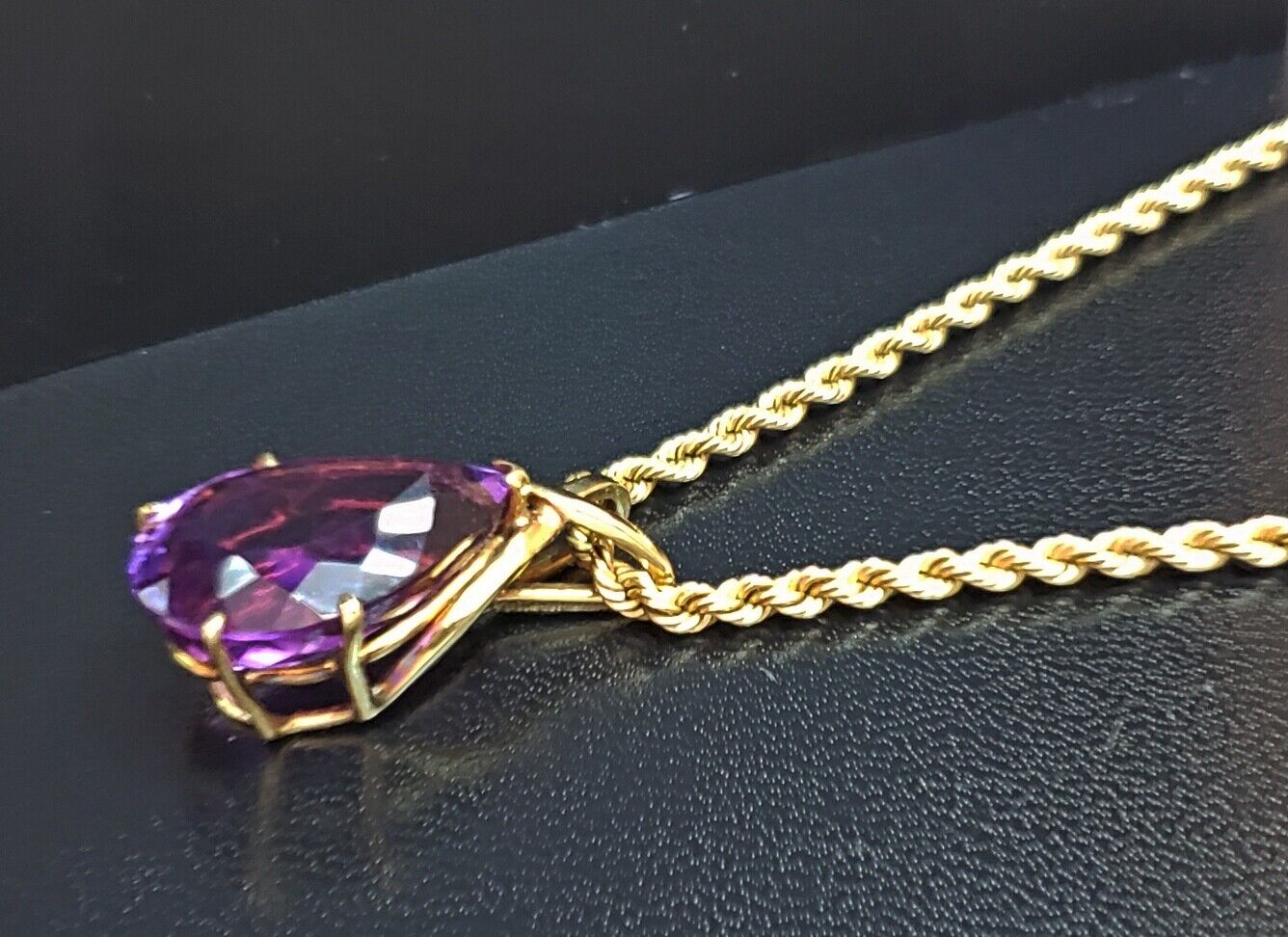 14K Gold Pear Shape 24x16mm 20ct Amethyst Pendant Necklace 20" Rope Chain 25.7g