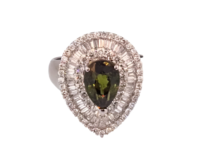 4k W Gold ~6.50 ctw Pear Shaped Demantoid Garnet Round & Baguette Diamond Ring