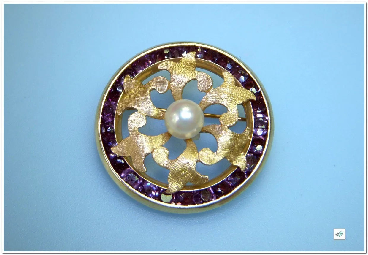 Lucien Piccard Vintage Fleur De Lis Swiss 14K Yellow Gold PEARL AMETHYST Brooch Pin