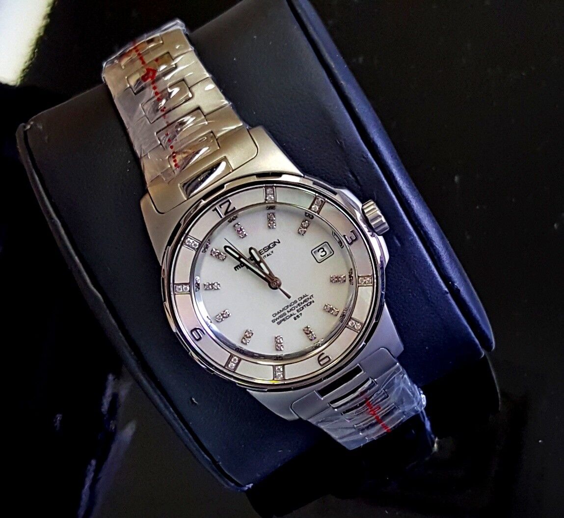 MOMO DESIGN Women's Pilot Lady MOP Dial Stainless Steel Watch Diamond Dial Bezel