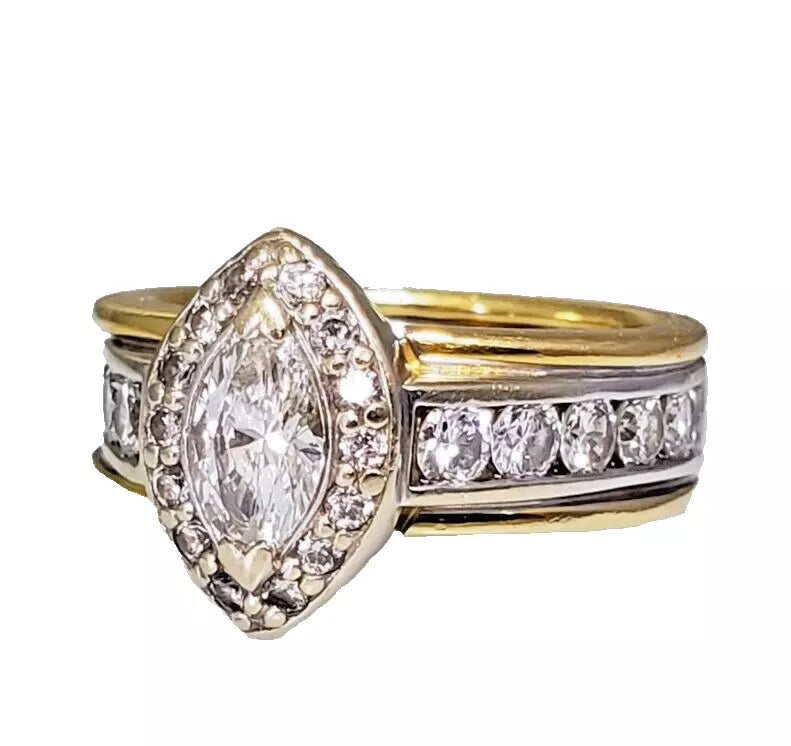 14k White & Yellow Gold Marquise 0.50 CT Diamond & Round Accent Engagement Ring