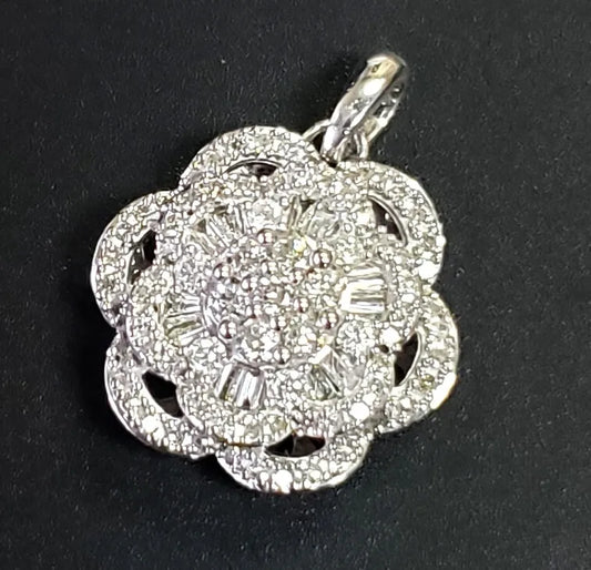 14k White Gold Round and Baguette Cut Diamond Pendant Necklace .76 ctw