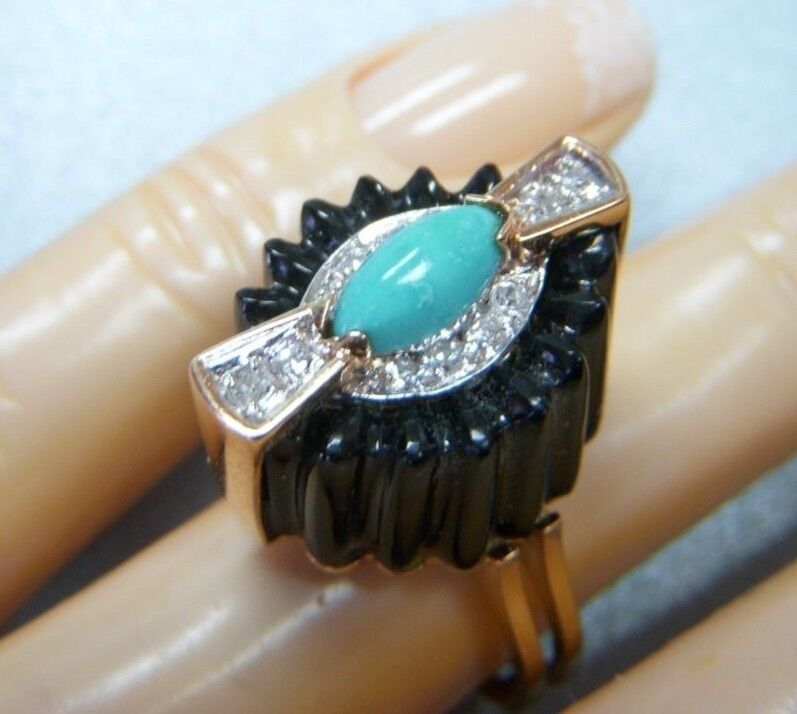 VINTAGE *CANDY WRAP* TURQUOISE-ONYX-DIAMOND RETRO RING 14K YELLOW GOLD SZ4.5