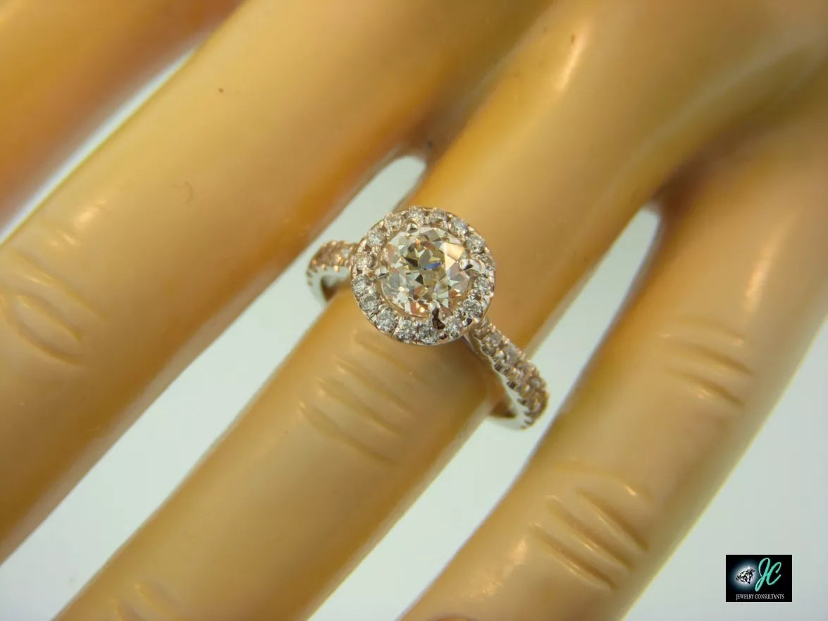 14k White Gold .91ct OLD EUROPEAN Mine Diamond Halo Engagement Ring 1.41ctw 6.5
