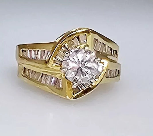 14k Yellow Gold .87ct Round Diamond & 1.00ctw baguette Engagement By-Pass Ring