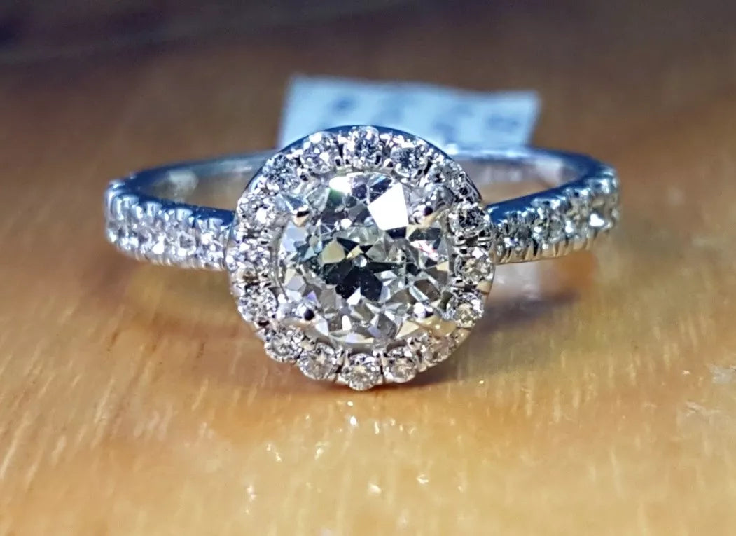 14k White Gold .91ct OLD EUROPEAN Mine Diamond Halo Engagement Ring 1.41ctw 6.5