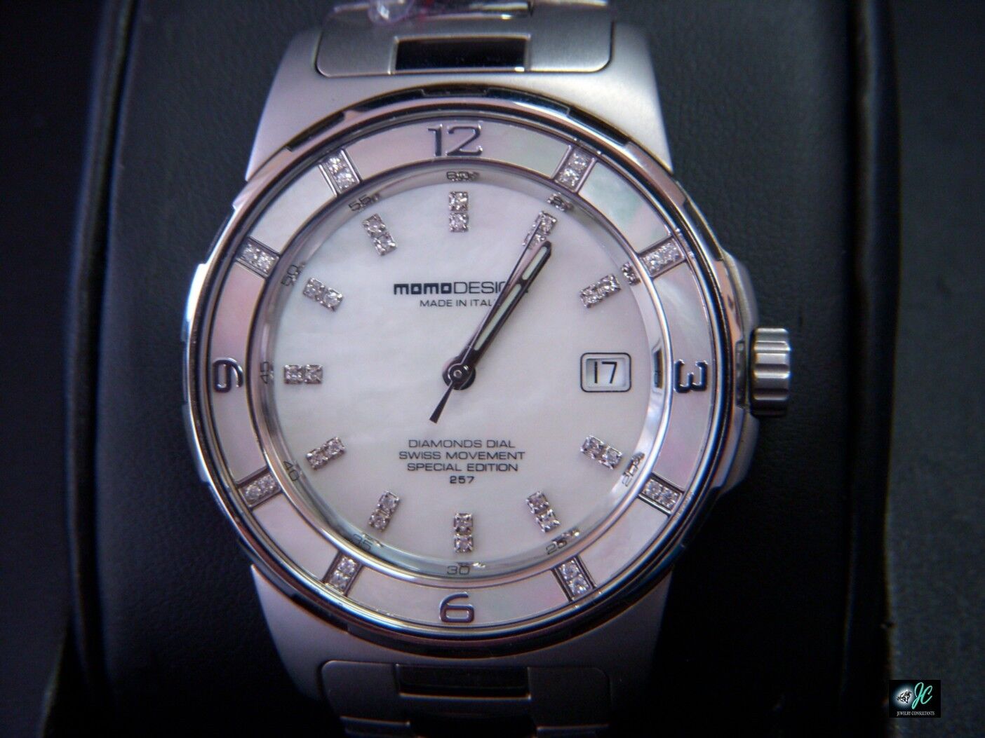 MOMO DESIGN Women's Pilot Lady MOP Dial Stainless Steel Watch Diamond Dial Bezel
