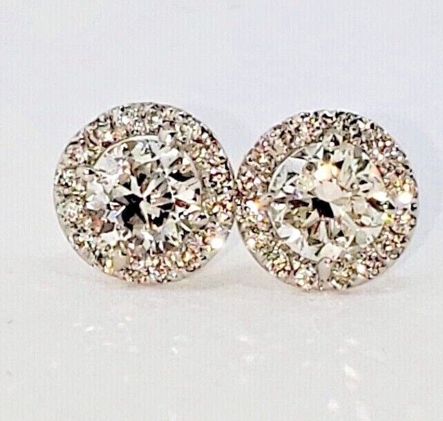 Round Diamond Halo Stud Earrings 14kt White Gold Martini Goblet Setting .82ctw