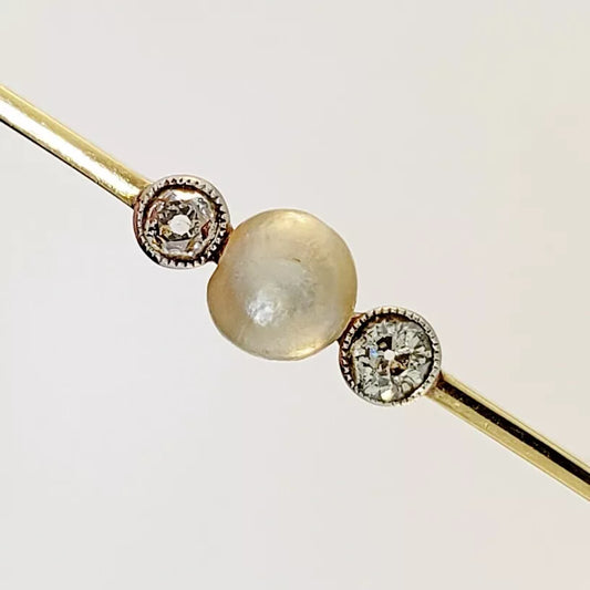 ANTIQUE .25CT OLD MINE DIAMOND & SOUTH SEA PEARL 14K TWO TONE GOLD 3D BROOCH PIN