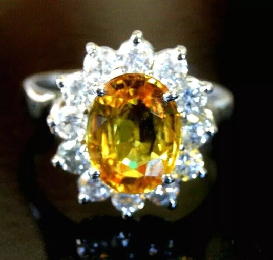 ~6.00ctw 14k White Gold 4.00 carat YELLOW SAPPHIRE + Diamonds Halo Ring Size 10