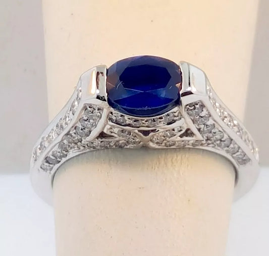 ELEGANT BLUE SAPPHIRE & DIAMOND ENGAGEMENT TENSION RING SZ 6 14K WHITE GOLD
