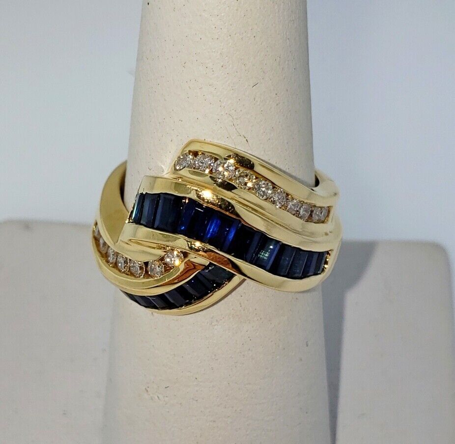 RJM 14K Yellow Gold 4.70ctw Baguette Sapphire Diamond Channel Knot Band Ring
