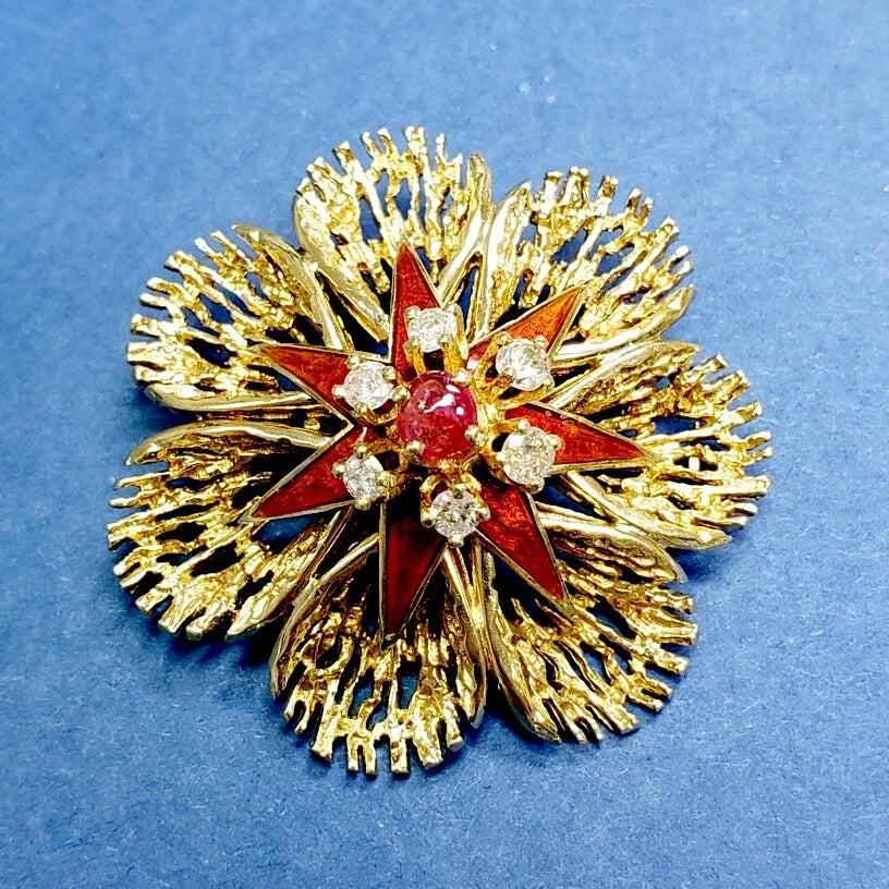 Vtg 14k Yellow Gold Diamond, Ruby Cab & Orange Enamel Flower Brooch Pin Israel