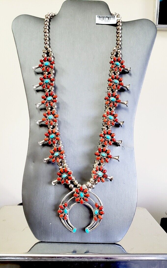 NAVAJO Sterling Silver SPINY OYSTER & TURQUOISE Squash Blossom 24" NECKLACE 113g