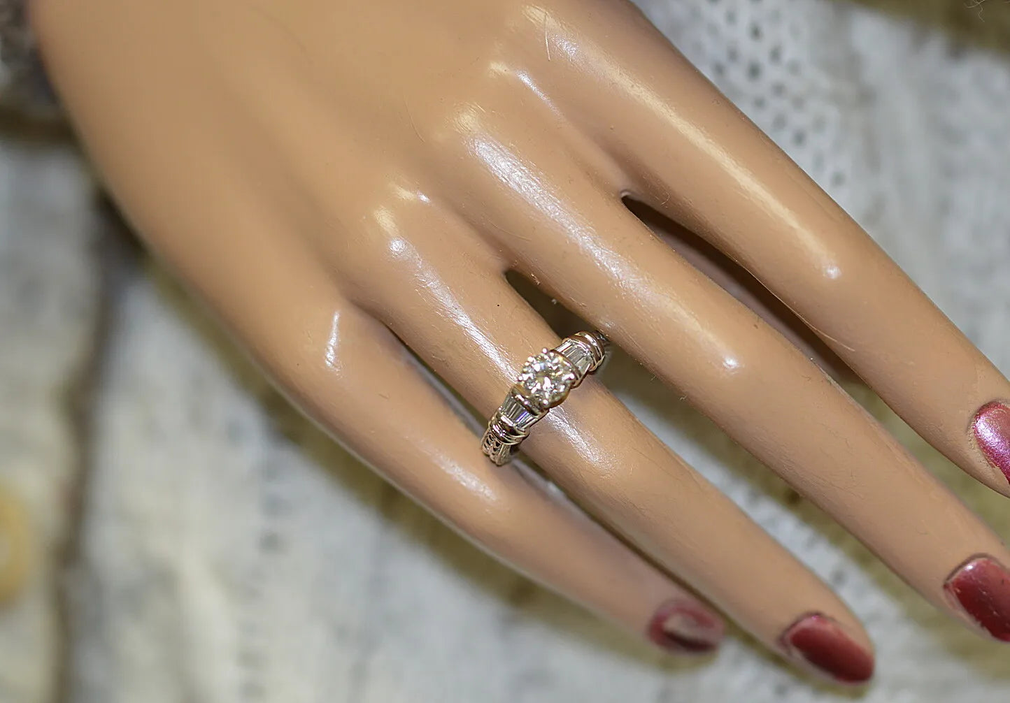 Vintage .70ct Round Brilliant Cut Diamond Baguette Engagement Ring 1ctw 14k WG