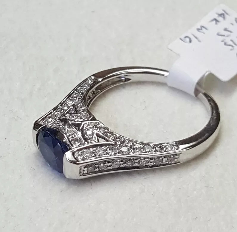 ELEGANT BLUE SAPPHIRE & DIAMOND ENGAGEMENT TENSION RING SZ 6 14K WHITE GOLD