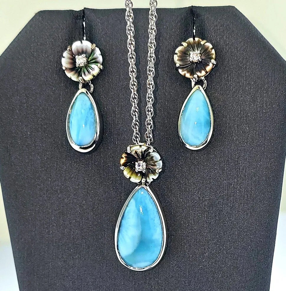 MarahLago Hibiscus Larimar Earrings & Pendant Set With White Sapphire