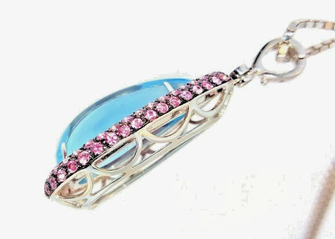 LUXURIOUS-BLUE TOPAZ-PINK-SAPPHIRE-DIAMOND-PENDANT-NECKLACE-18k W/G-10k OMEGA