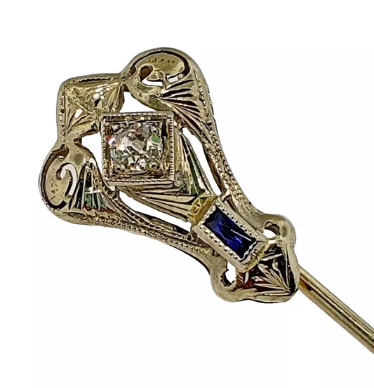 Antique Art Deco Diamond & Sapphire 18K White Gold Filigree Mill grain Stick Pin