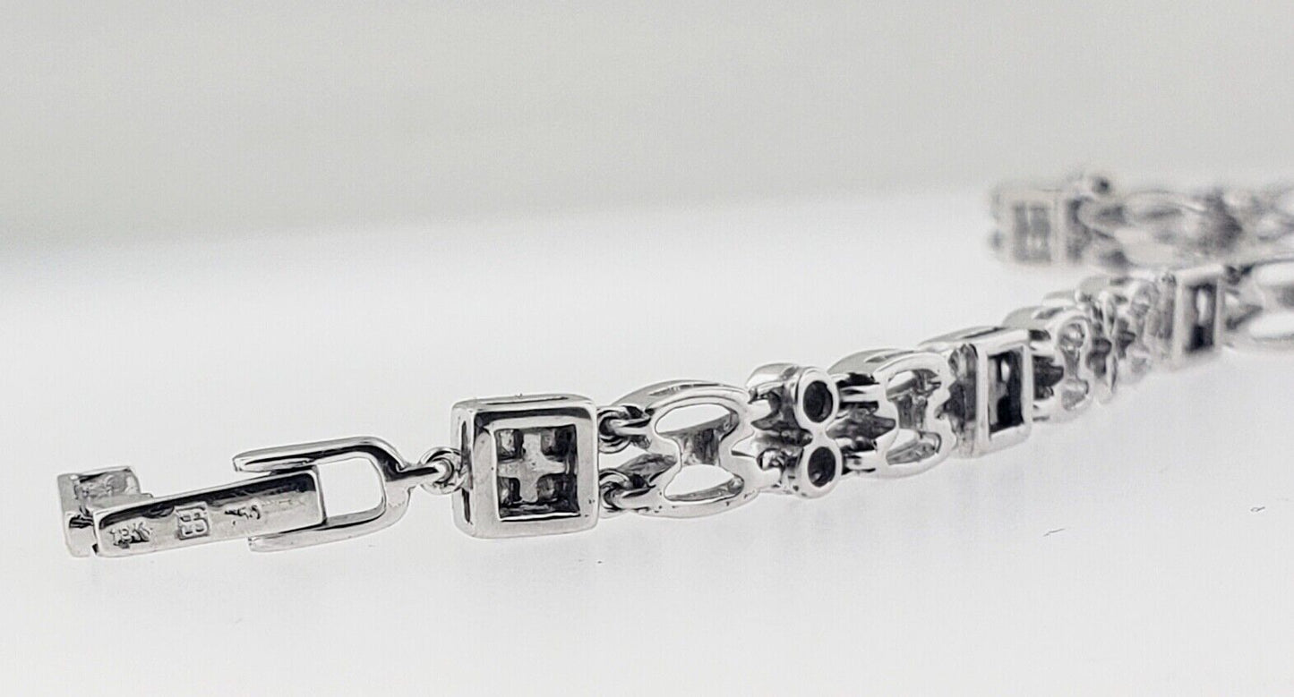 Vintage 18kt white Gold invisible square Diamond Filigree Tennis Bracelet 7"