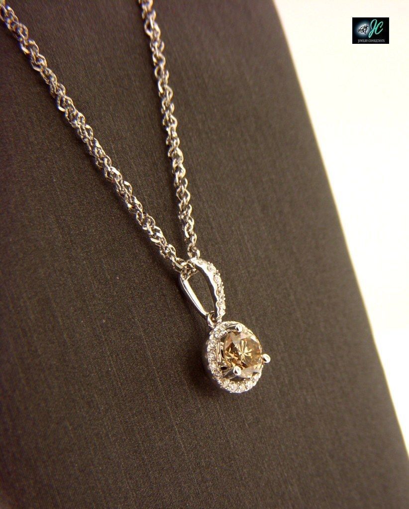 Champagne Cognac Brown Diamond Pendant Necklace Halo 14k White Gold .59 ctw